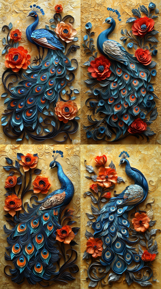 纸艺卷花孔雀全身像，对称构图，室内展示，暖黄背景，微距镜头，顶光，精致纹理，多彩羽毛，艺术感，