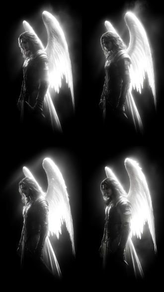 天使持剑飞翔，宙斯等罗马诸神环绕，黑白对比，暗黑哥特风，对角线构图，8k画质，黑色背景，逆光，艺术感。