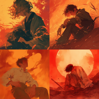 落日将扬起的尘土染成红色，一个古风男生坐在飞扬的尘土中，目光忧郁