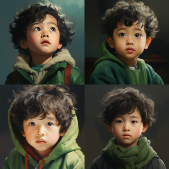 头发卷卷的6岁中国男孩，充满求知欲，原意问问题，穿绿色毛衣，单眼皮，稍微有些胖，向斜上方观看，