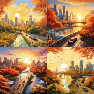 朝阳在摩天大楼旁，飞机迎着朝阳飞向摩天大楼，漫天的朝霞，一条弯曲的河流流过摩天大楼旁，河流两岸是绿地，鲜花和已经黄了的簇簇银杏林。两条公路在河两岸，一辆红色的跑车在公路上飞驰，跑车的车牌是“安贞2024”