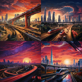 高速路奔向一排排摩天大楼，晚霞映红了天际，一个高架桥横跨高速路，一列飞驰的高铁正在高架桥上通过。