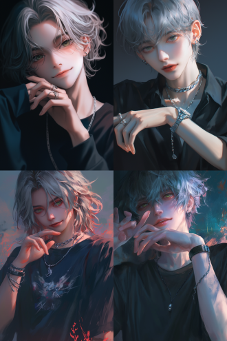 a boy, half body photo, gray hair, dark green eyes, black shirt, left hand in proportion, smiling, neck chain, wristband, single eyebrow, dark painting style, big eyes, long eyelashes, light red lips, personalized style, hazy feeling, blurry feeling,lmpasto,hd