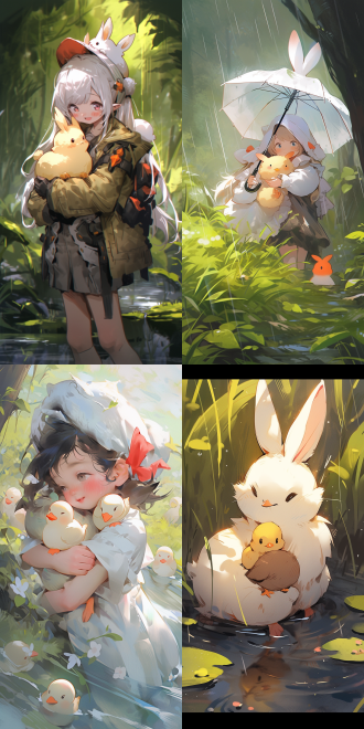 人物，一只小鸡拥抱兔子，看着很恩爱，有水，草，树木，全身照，8k 动画艺术 素描