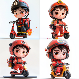 高细节，精致细节，精致细节，超高清，8 k，杰作，白色背景3d卡通风格男孩全身精致面孔，穿着灭火服，骑着电动车，鞭炮 爆竹，带消防帽子泡泡马特配色方案上身由pop mart光滑精致的粘土材料辛烷渲染超细节