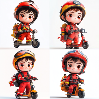 高细节，精致细节，精致细节，超高清，8 k，杰作，白色背景3d卡通风格男孩全身精致面孔，穿着灭火服，骑着电动车，鞭炮 爆竹，带消防帽子泡泡马特配色方案上身由pop mart光滑精致的粘土材料辛烷渲染超细节