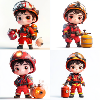 男孩穿灭火服戴消防帽检查煤气罐，全身精致，白色3d卡通风格，超高清8k杰作，全身像，正面光，超细节，冷静。