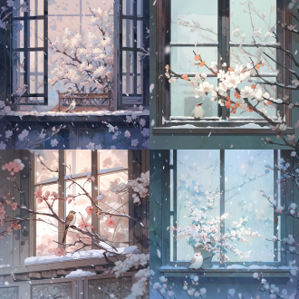 花枝伸进窗户鸟站枝头下雪，工笔风格，对称构图，冷色调，长焦镜头，柔和光线，静止，宁静，积雪。