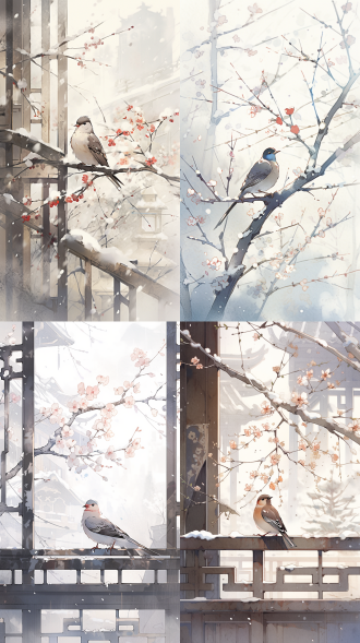 鸟站枝头，梅花树旁，古代窗户，雪天，水墨画风格，高清晰度，背景干净，冷色调，侧光，平静，长焦镜头