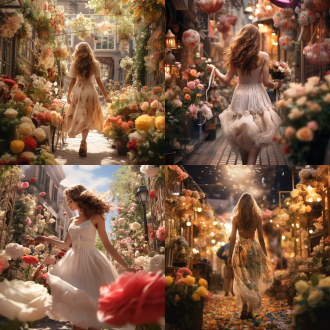 街道满是玫瑰郁金香雏菊等鲜花，女孩漫步其中，中心构图，暖色调，柔和光线，大光圈虚化背景，浪漫，惬意。