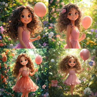 可爱女孩穿粉色连衣裙长卷发大眼睛笑着拿气球，花园背景满是鲜花绿植，竖向构图动漫质感，柔光浅景深，欢乐温馨。