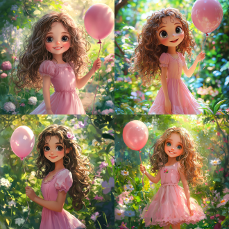 可爱女孩穿粉色连衣裙长卷发大眼睛笑着拿气球，花园背景满是鲜花绿植，竖向构图动漫质感，柔光浅景深，欢乐温馨。