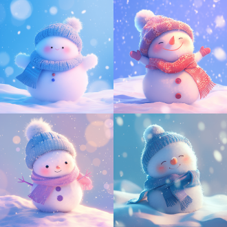 毛绒小雪人ip形象冰雪背景，羊毛质感，可爱慵懒表情放松姿态，超现实风格，c4d渲染，柔和光，明亮色，温馨感。