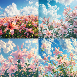 百合花，一簇簇，阳光下粉质感百合花，蓝天白云，远距离视角，动漫美学风格封面，光线的现实主义描绘，精致的幻想世界，数字绘画，莫兰迪色，互补色配色 超级高分辨率 大文件 风景 非常详细的cg