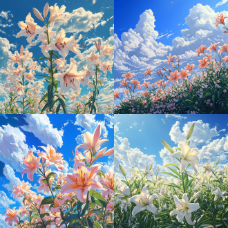 百合花，一簇簇，阳光下重瓣狐尾百合花，蓝天白云，远距离视角，动漫美学风格封面，光线的现实主义描绘，精致的幻想世界，数字绘画，莫兰迪色，互补色配色 超级高分辨率 大文件 风景 非常详细的cg