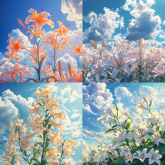百合花，一簇簇，阳光下重瓣狐尾百合花，蓝天白云，远距离视角，动漫美学风格封面，光线的现实主义描绘，精致的幻想世界，数字绘画，莫兰迪色，互补色配色 超级高分辨率 大文件 风景 非常详细的cg