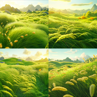 绿色田野草地，晴空下微风拂动，微距镜头拍摄新生景象，自然光，清新明亮，自然绿，宁静。