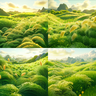 绿色田野草地，晴空下微风拂动，微距镜头拍摄新生景象，自然光，清新明亮，自然绿，宁静。