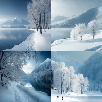 白雪皑皑的冬季，全景构图，冷色调，雪景中，标准镜头，柔和光线，漫步，山峦湖泊树木，宁静，白色蓝色。