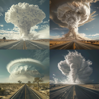 白色龙卷云在沙漠公路上升起，前景扭曲树木，蘑菇核风格超写实，3840x2160，广角，顶光，暖色系，宏大，震撼。