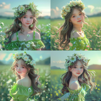 头戴鲜花少女半身像，田园背景暖色系虚化，大光圈效果，顶光柔和，少女清新微笑，正面，青春感。