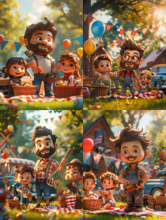 三d建模风格，充满活力和趣味的父亲节海报，庆祝美国爸爸，以chibi风格角色为特色，头超大，面部表情可爱夸张，场景多样:一个微笑的爸爸拿着烧烤铲，孩子们玩棒球，一个舒适的野餐毯子和一个野餐篮，背景是一辆经典汽车，一个现代爸爸在笔记本电脑前工作，拿着咖啡杯，彩色气球、彩纸和彩带，大胆而饱和的色彩，温暖的阳光，节日和温馨的氛围，美国国旗的点缀，详细而生动的构图，画面饱和丰富填充满