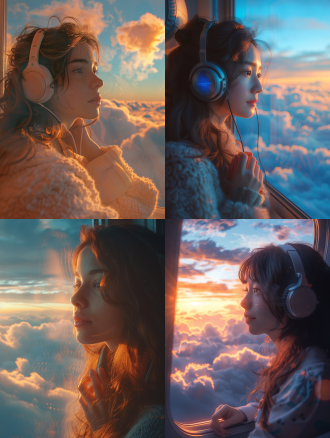 女学生戴耳机靠窗望云海，三分法布局，蓝天云海暖光，长焦，柔和色调，手指轻敲，惬意期待，c4d，0c渲染，hd 8k。