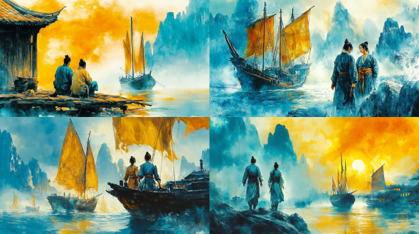 哥哥和妹妹俩人，在海湾边地主家做长工，清晨未亮被赶起床，低角度构图，海边，冷色调，中焦镜头，逆光，疲惫，无奈。 山海经