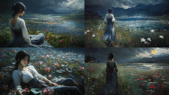 girl, spring garden,river,in pastel colors,blue,purple,soft light,sunset,lotus,dream haze,oil painting by vangogh