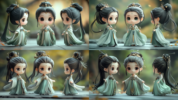 very cute littl girl,wearing a light green cheongsam,2 head to body ratio,reverse side，chibi,full body,three views,full body shot,the front view,the side view,the back view. disney pixar style character,3d renderer,octane rendering,super fine,ultra high definition,fashionabletoys,pop mart blind boxstyle,intricate details