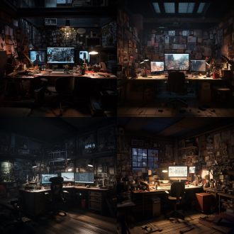 游戏动漫设计师工作室，暗光一束光打电脑前，金属桌双屏，桌上有物，墙画，屏风书架隔断，架上有模型，凌乱，暗色调，低角度，侧逆光。