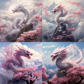 樱花龙，云彩上，背景有山巅一半山在云层下，龙飞翔在云层之上