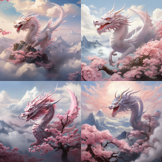 樱花龙，云彩上，背景有山巅一半山在云层下，龙飞翔在云层之上，有爪子