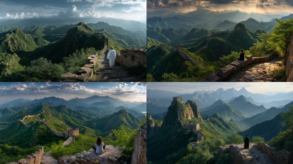 长城蜿蜒，一位东方禅修的女子，面对长城，绿植环绕，前景近景远景层次分明，全景，绿野仙踪氛围，自然环境，超广角镜头，高分辨率24k，丁达尔光，逆光，壮丽氛围，雄伟气势，高饱和度。 三分法构图。