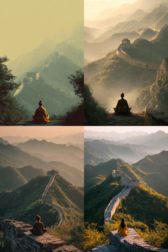 长城蜿蜒，一位东方禅修女性，面对长城，打坐禅修，绿植环绕，前景近景远景层次分明，全景构图，暖黄与青灰配色，顶光，壮丽氛围，雄伟气势，广角镜头，高饱和度。 三分法构图