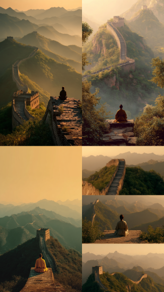 长城蜿蜒，一位东方禅修女性，面对长城，打坐禅修，绿植环绕，前景近景远景层次分明，全景构图，暖黄与青灰配色，顶光，壮丽氛围，雄伟气势，广角镜头，高饱和度。 三分法构图