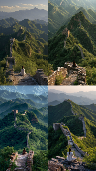 长城蜿蜒，一位东方禅修女性，面对长城，打坐禅修，绿植环绕，前景近景远景层次分明，全景构图，绿野仙踪氛围，顶光，壮丽氛围，雄伟气势，广角镜头，高饱和度。 三分法构图，24k高清。