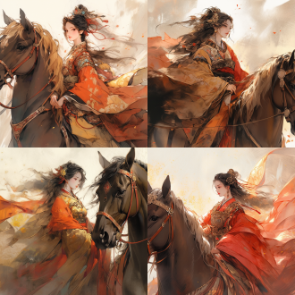 中国古风女子披战甲披风牵马走来，三分构图，大气场景，暖黄主调，精细设计，动态构图，戏剧性灯光，纹理笔触，英姿飒爽，坚定神情。