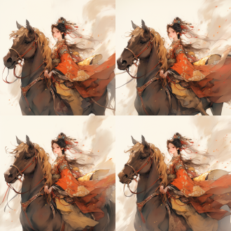 中国古风女子披战甲披风牵马走来，三分构图，大气场景，暖黄主调，精细设计，动态构图，戏剧性灯光，纹理笔触，英姿飒爽，坚定神情。