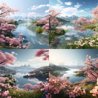 连绵不绝的青山，桃花，还有一个湖泊，3d渲染，广角。
