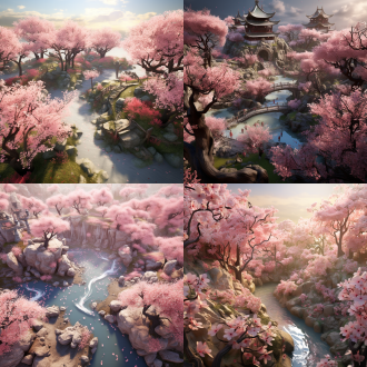 生成一片樱花林，3d渲染，细节细腻，鸟瞰图。