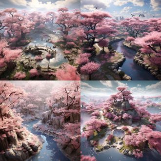 生成一片樱花林，3d渲染，细节细腻，鸟瞰图。