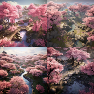 生成一片樱花林，3d渲染，细节细腻，鸟瞰俯视图。