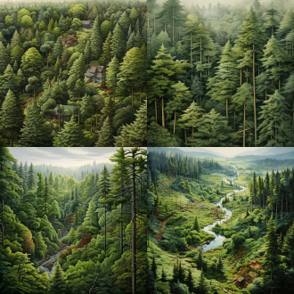 树林，写实，、细节细腻，鸟瞰俯视图。