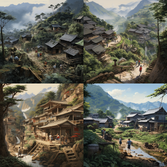 山林深处有中国的农家，写实，、细节细腻，鸟瞰俯视图。