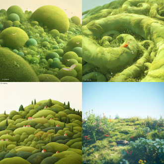 「3d渲染」毛毡艺术，仙草田园，色彩低调，高度细节化，户外背景，广角，远景，比例「2:3」