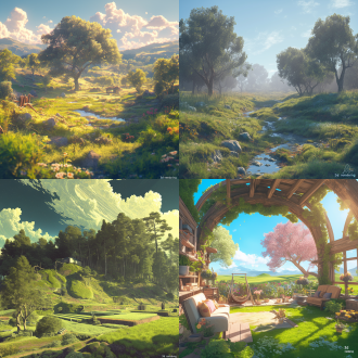 「3d渲染」仙草田园，色彩低调，高度细节化，户外背景，广角，远景，比例「2:3」