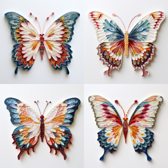 法式立体刺绣蝴蝶，居中构图，精致细腻，白色背景，柔和光，微距镜头，色彩绚丽，立体感强，优雅，精致。