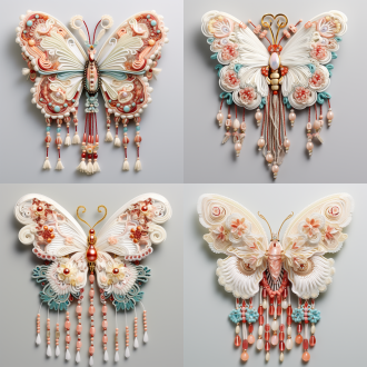 中式编绳蝴蝶集多种结艺，有珍珠流苏，居中构图，白色背景，柔和光，微距镜头，五颜六色，立体感强，优雅精致。