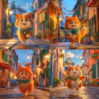 pixar cgi, chonker cat, running through italian town, rendered in nvidia's omniverse, inspired by li gonglin, paid art assets, looks like fabiula nascimento, 8k comic art, adorably cute, into glory ride, rendered in cgi, by ding guanpeng, 8k-resolution